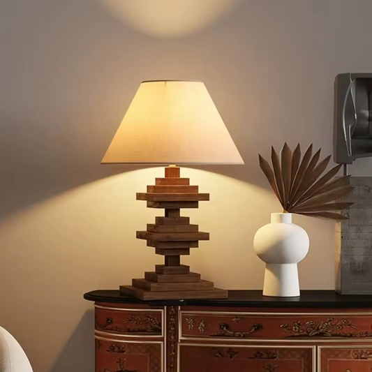 Wooden Tower Table Lamp With Linen Fabric Shade